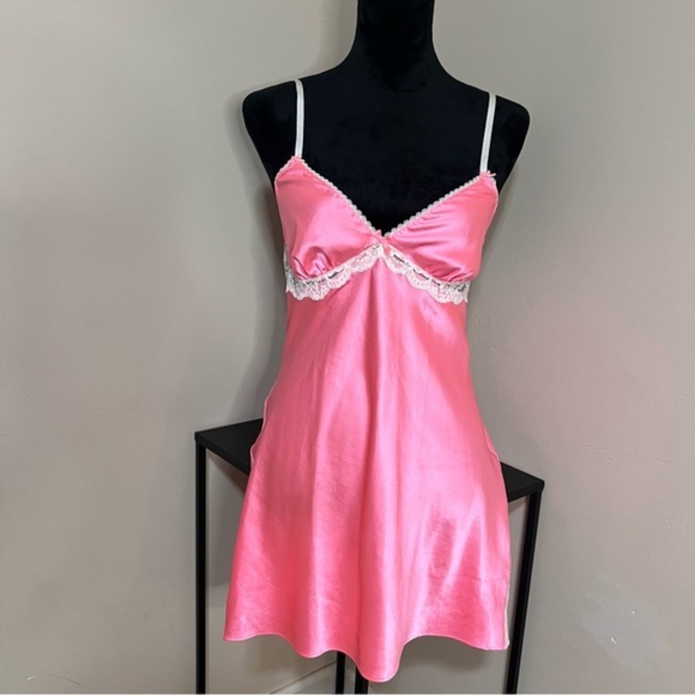 Victorias Secret Hot Pink Lace Silky Slip Dress Size M